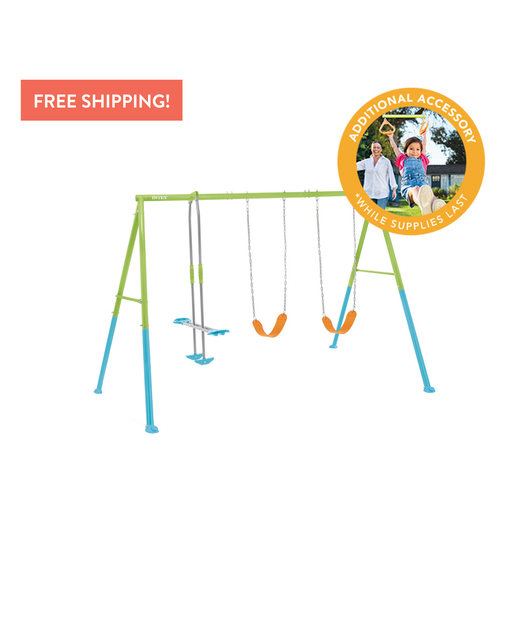 Swing & Glide Three Feature Colored Swing Set w/ FREE Trapeze Bar
